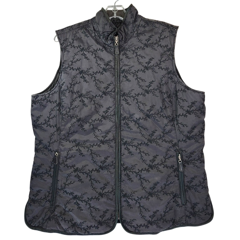 Eddie Bauer XL Tall Gray Down Vest Embroidered Floral Puffer Gorpcore Outdoor